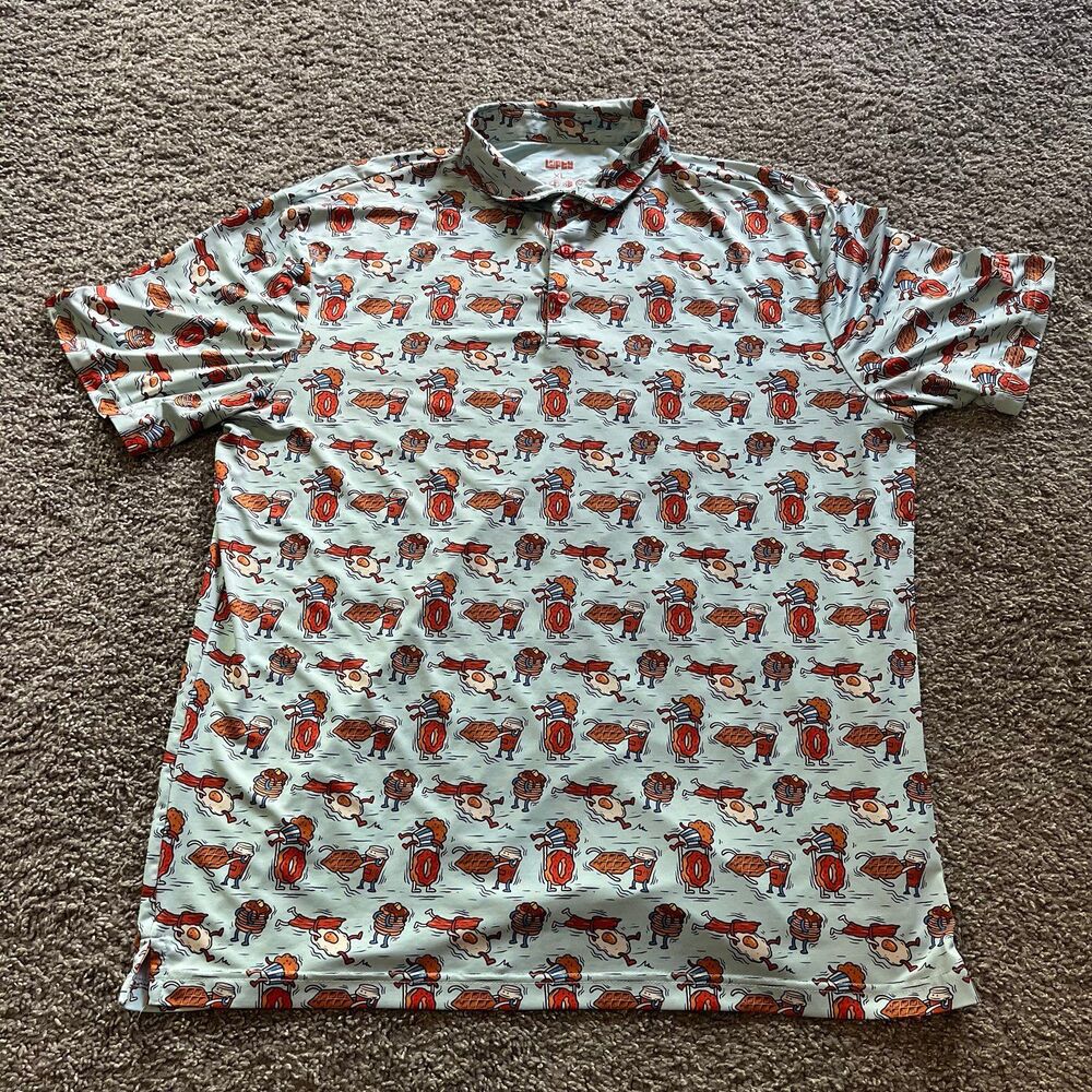 Lofty Llama Performance Golf Polo Breakfast Bacon Eggs Pancakes Print Mens XL - Picture 2 of 7